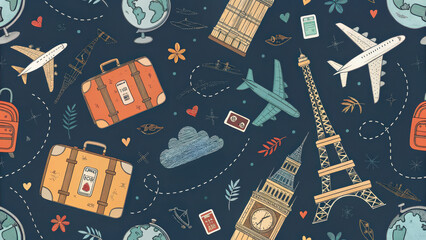 Seamless Travel Pattern with Doodles of Landmarks and Icons