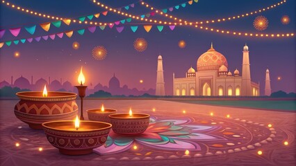 Festive Diwali Night with Colorful Lights and Decorative Lanterns
