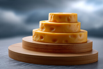 Swiss Cheese Stacked on Wooden Display Stand Delicious Food Still Life