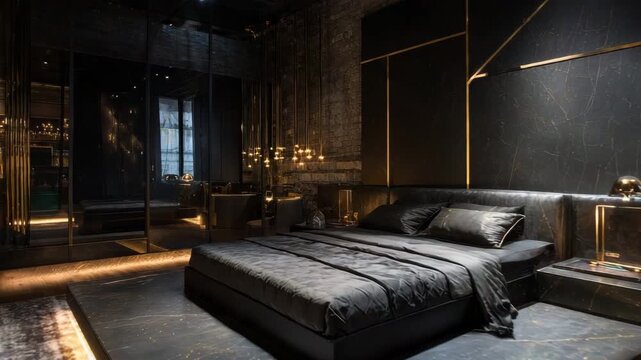 Dark luxury bedroom with metallic black walls, underlit platform bed, geometric rug and smart nightstand features,