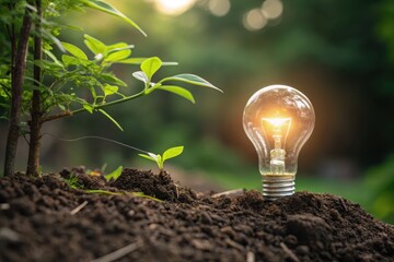 Glowing Bulb Emerging from Soil with Green Plant in Natural Setting