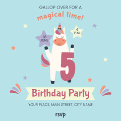 Unicorn Baby Birthday Invitation vector card. Baby Shower printable template with cute magical horse. Childish design