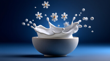 Milk Splash in Bowl with White Flower on Blue Background Still Life