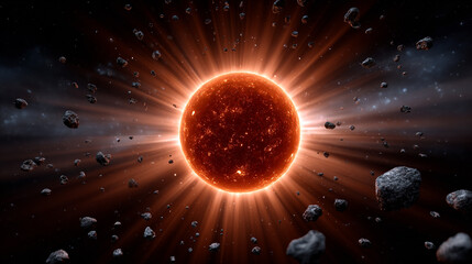 Red Giant Star With Asteroid Field in Deep Space Galaxy Background