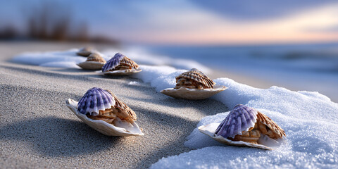 Seashells on Sandy Beach with Foam at Sunset Ocean Seascape