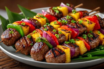Grilled beef meatballs and pineapple skewers with red onion and bell pepper