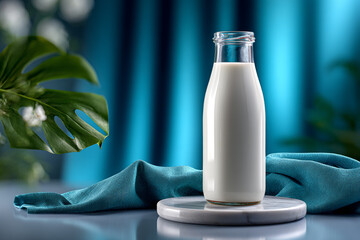 Fresh Milk Bottle on Marble Stand with Tropical Leaf and Blue Fabric Backdrop