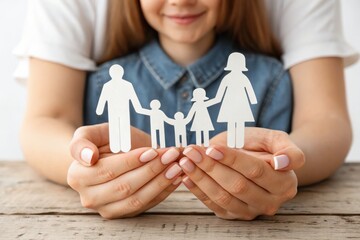 Family Cutout Paper Figure Held by Woman's Hands with Smile