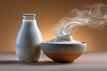 Fresh Milk Splash in Bowl with Bottle Still Life on Neutral Background