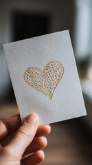 Macro of Female Hand Holding Off White Textured Letterpress Card with Embossed Gold Heart Design