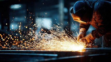 A worker in protective gear using a welding torch to cut metal in a factory setting.