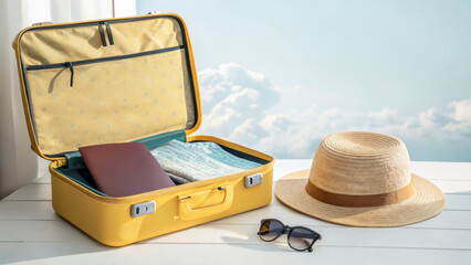 Yellow suitcase with straw hat and sunglasses by the window