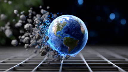 Earth Globe Surrounded by Asteroid Debris on a Metal Grid Surface