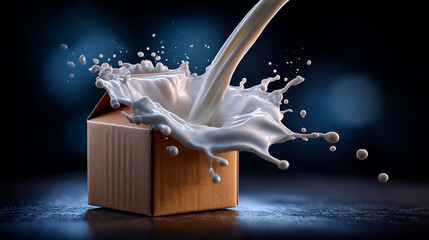 Milk Splash from Carton Box on Dark Background Food and Drink Concept