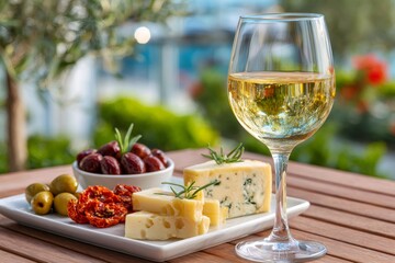 Glass of white wine with cheese and olives on a wooden table outdoors