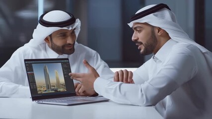 Arab business partners review architectural design of modern towers on laptop, discussing urban development project in middle east office for real estate planning and investment - Powered by Adobe