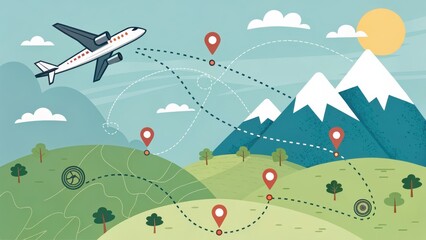 Airplane Flies Over Map Landscape with Pointers and Mountains