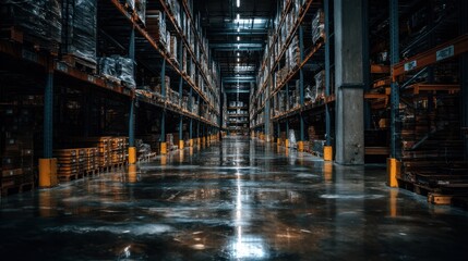 A dark, empty warehouse with rows of high shelves filled with various items.