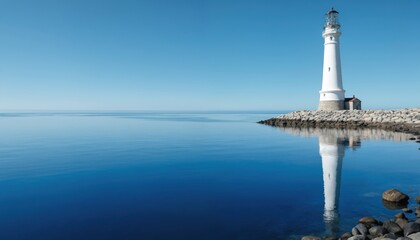 White lighthouse on rocky coast with calm sea reflecting clear blue sky. Lighthouse emits bright light, guiding ships. Majestic structure stands grandly against expansive horizon, symbol of safety,
