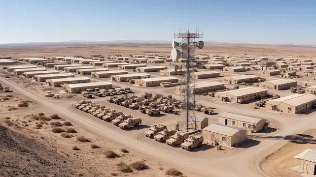 Aerial View of Military Base with Vehicles and Communication Tower in Desert Environment