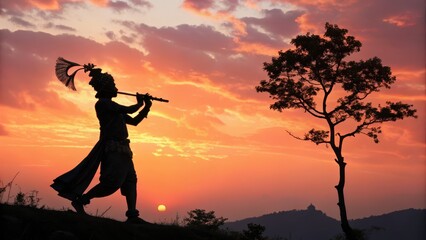Lord Krishna Playing Flute Against a Vibrant Sunset Sky