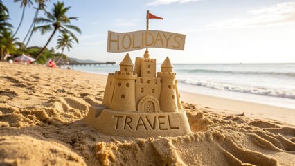Beach Vacation Sandcastle with Holidays and Travel Theme
