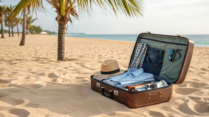 Stylish Travel Accessories for Vacation by the Beach with Suitcase