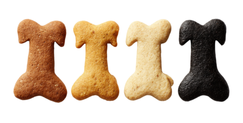 Four dog biscuits in bone shapes, various colors