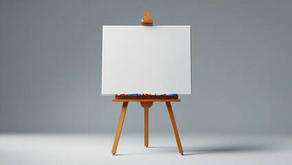 Canvas mockup on wooden artist easel with clean modern grey backdrop, minimal front view composition, ideal for painting presentations and art branding.