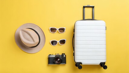Bright Travel Accessories Including Hat and Sunglasses on Yellow Background