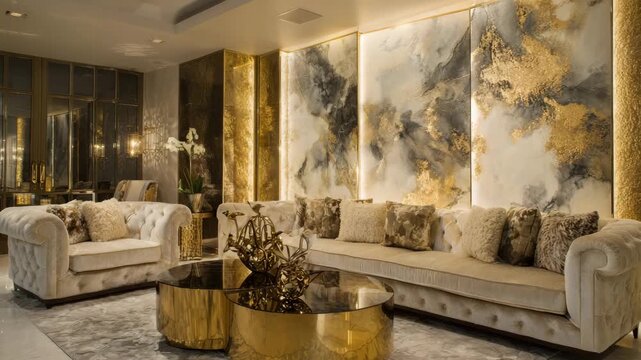 Designer formal lounge with champagne velvet sofas, underlit wall panels, gold metallic accents and abstract art,