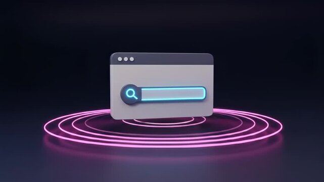 A 3d rendering of a browser window with a glowing search bar and neon circles, symbolizing modern internet technology and online communication web serach