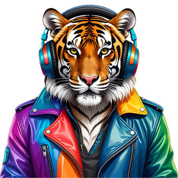 Tiger wearing headphones and a colorful, rainbow-hued leather jacket. clipart t-shirt design for dtf