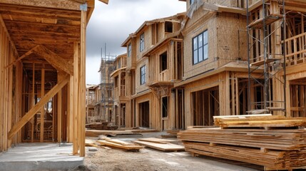 A row of wooden houses under construction with scaffolding.