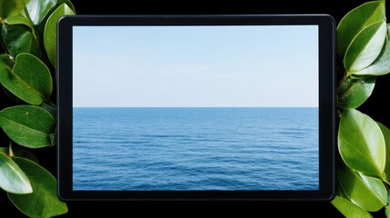 Digital tablet displaying a tranquil ocean scene.