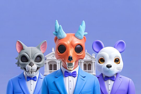 Three stylized anthropomorphic figures in formal attire with animalistic masks stand before a grand classical building - Powered by Adobe