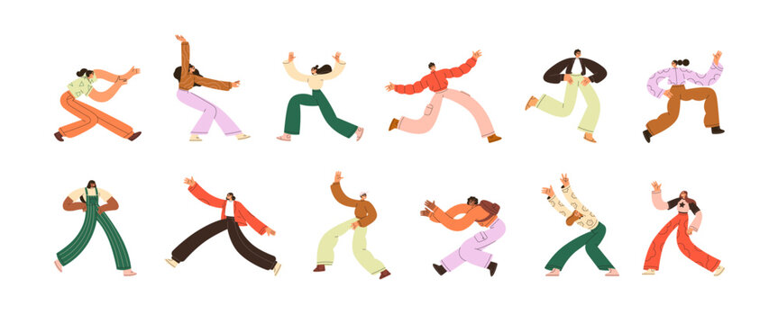 Happy dancing people set. Energetic young men and women in active motion, dynamic funny poses, fun movements. Excited male and female dancers. Flat vector illustration isolated on white background