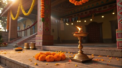 Traditional Indian Diya Lamp with Marigold Flowers in Ethnic Setting