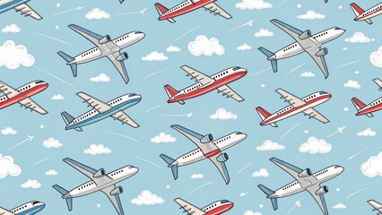 Colorful Airplane Pattern on Blue Background for Seamless Design