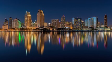 Obraz premium San Diego skyline at night with the bay in the foreground.