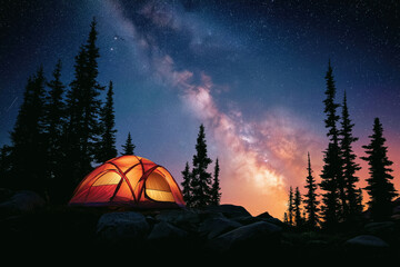 Yellow tourist tent in forest in nature under starry sky with stars and Milky way at night. Panorama landscape with colorful night sky. Concept of tourism and astrophotography