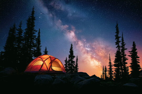 Yellow tourist tent in forest in nature under starry sky with stars and Milky way at night. Panorama landscape with colorful night sky. Concept of tourism and astrophotography - Powered by Adobe