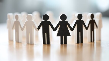 A group of black and white stick figures holding hands in a circle on a wooden surface.