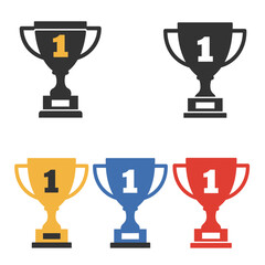 Colorful Trophy Icons Representing First Place Achievement and Success on White Background
