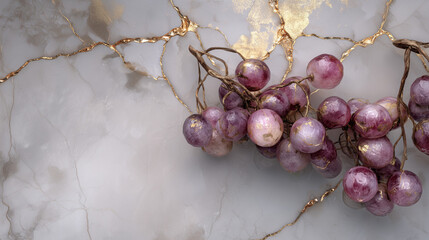 Crystal Grapes with Gold Leaves Against Kintsugi Stone Wall.