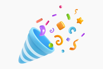 Blue 3D popper bursting with colorful confetti elements