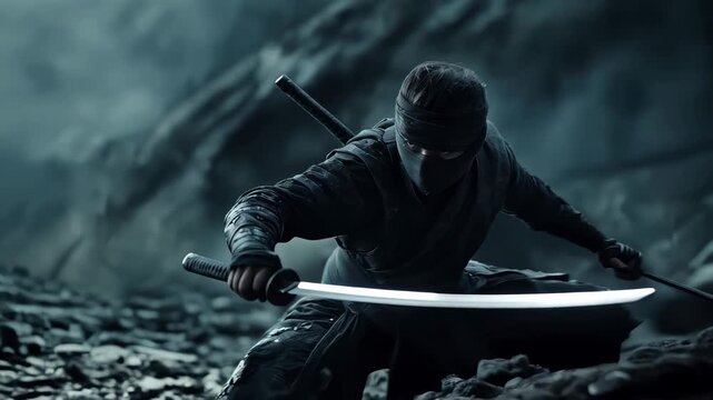 ninja in black clothes fighting with sword on the dark background