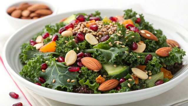 Fresh kale salad topped with seeds and nuts offers a nutritious and delicious meal option