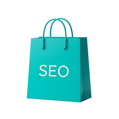 seo shopping bag, turquoise paper bag with seo text isolated for digital marketing ecommerce strategy shopping concept illustration

