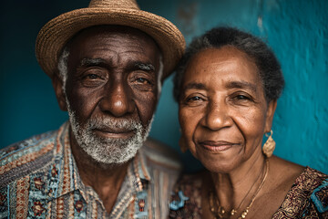 Elderly latin american couple posing together showing affection